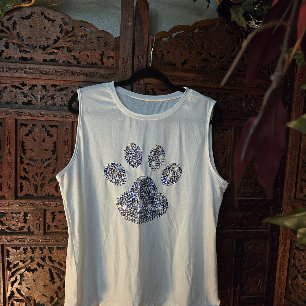 Source Unknown White Tank Top with Blue Paw Print